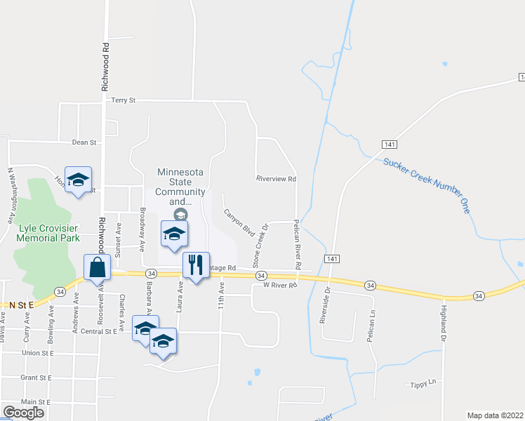 map of restaurants, bars, coffee shops, grocery stores, and more near 340 Boulder Circle in Detroit Lakes