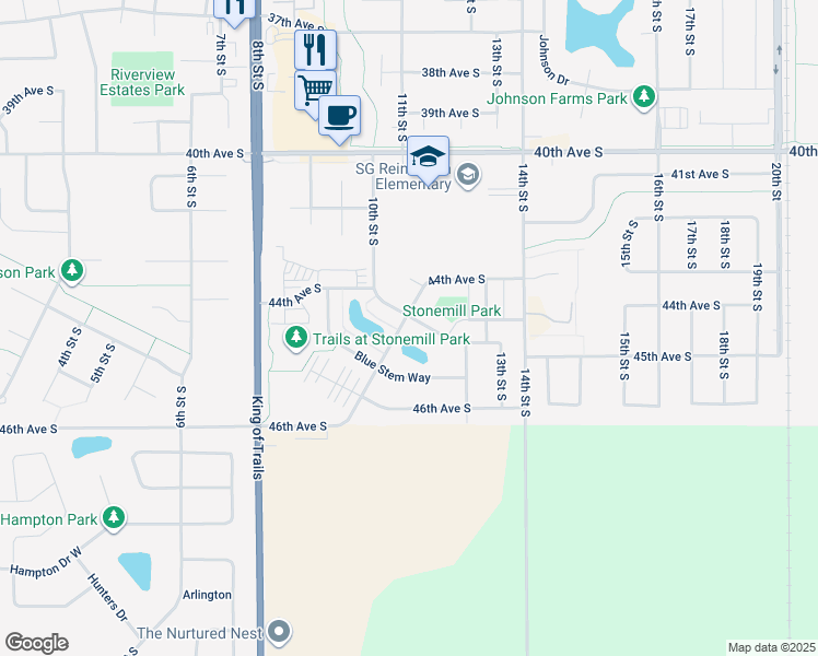 map of restaurants, bars, coffee shops, grocery stores, and more near 4433 12th Street South in Moorhead