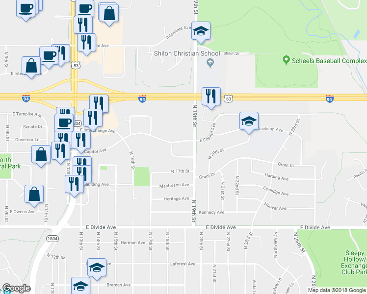 map of restaurants, bars, coffee shops, grocery stores, and more near 1807 East Capitol Avenue in Bismarck