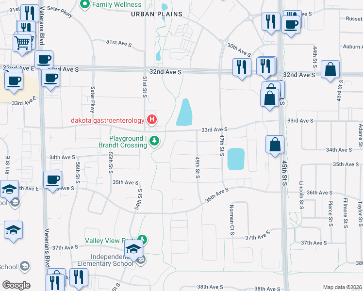 map of restaurants, bars, coffee shops, grocery stores, and more near 4984 34th Avenue South in Fargo