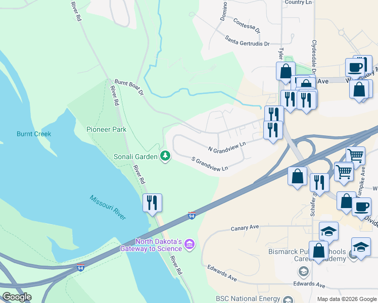 map of restaurants, bars, coffee shops, grocery stores, and more near 1950 South Grandview Lane in Bismarck