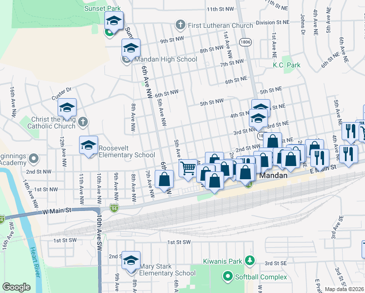 map of restaurants, bars, coffee shops, grocery stores, and more near 511 3rd Street Northwest in Mandan