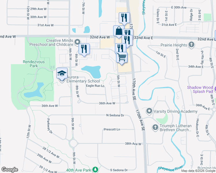 map of restaurants, bars, coffee shops, grocery stores, and more near 3505 Eagle Run Lane in West Fargo