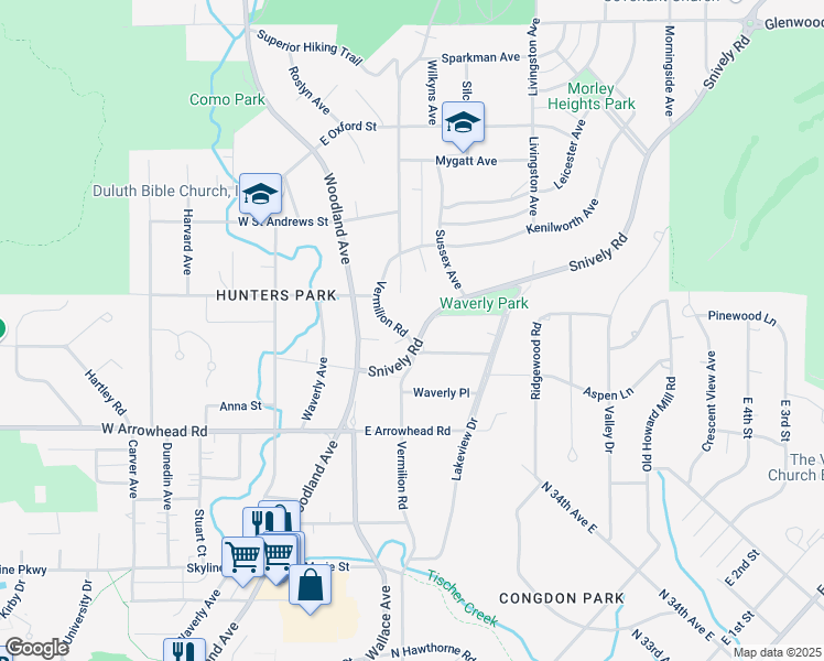 map of restaurants, bars, coffee shops, grocery stores, and more near 2100 Vermilion Road in Duluth