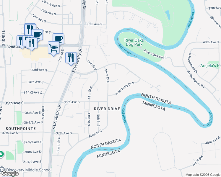map of restaurants, bars, coffee shops, grocery stores, and more near 3408 River Dr S in Fargo