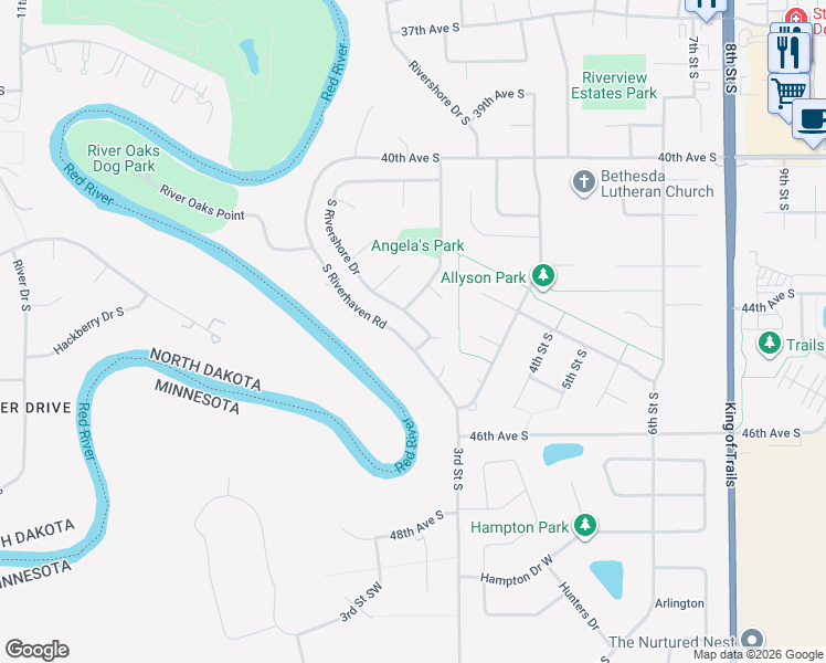 map of restaurants, bars, coffee shops, grocery stores, and more near 4315 South Rivershore Drive in Moorhead
