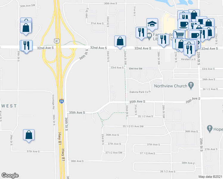 map of restaurants, bars, coffee shops, grocery stores, and more near 3424 33rd Street South in Fargo