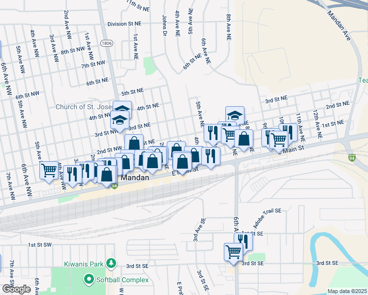 map of restaurants, bars, coffee shops, grocery stores, and more near 200 3rd Avenue Northeast in Mandan