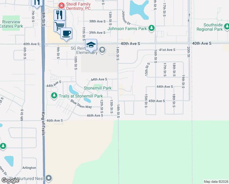 map of restaurants, bars, coffee shops, grocery stores, and more near 4503 14th Street South in Moorhead