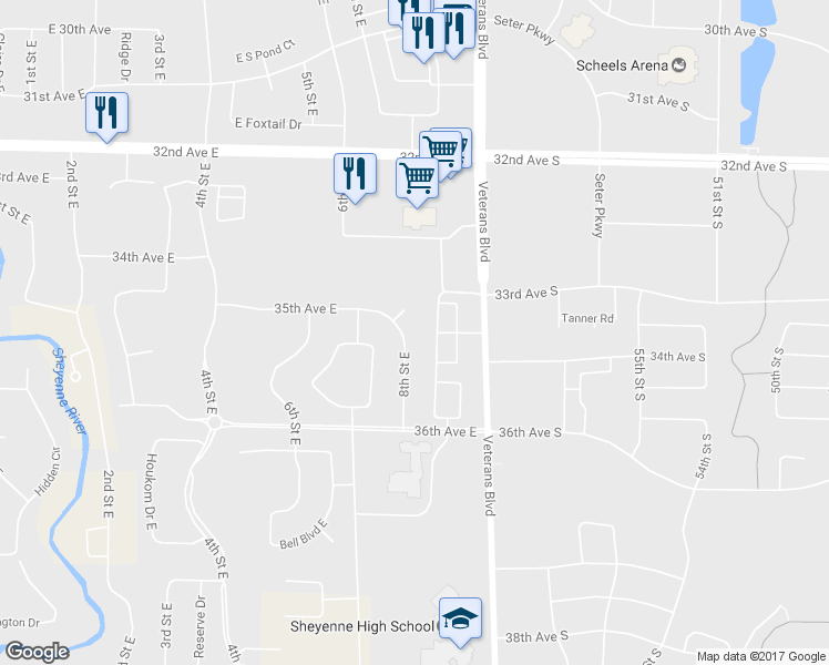 map of restaurants, bars, coffee shops, grocery stores, and more near 3505 8th Street East in West Fargo