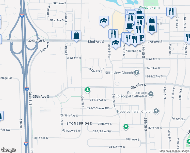 map of restaurants, bars, coffee shops, grocery stores, and more near 3005 Dakota Park Circle South in Fargo