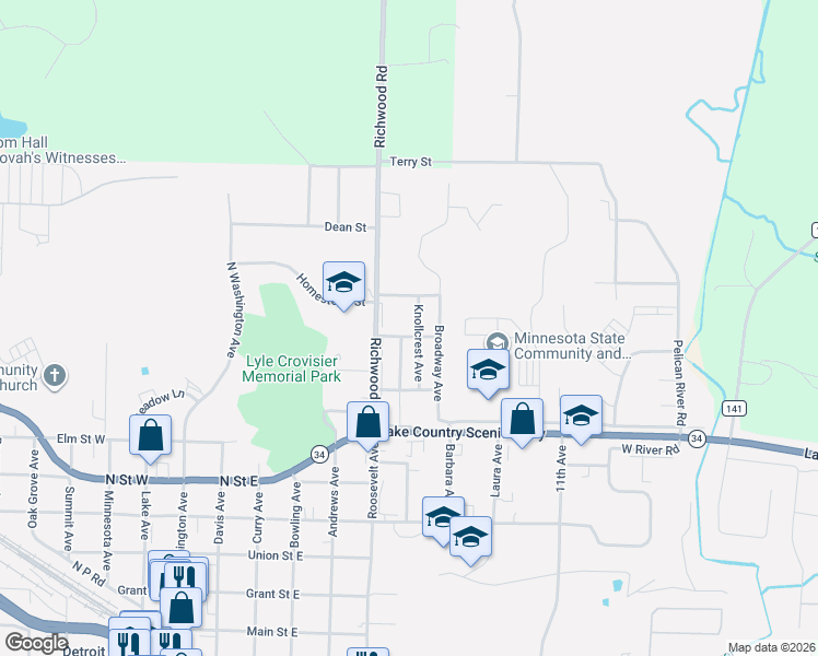 map of restaurants, bars, coffee shops, grocery stores, and more near 604 Northland Street in Detroit Lakes