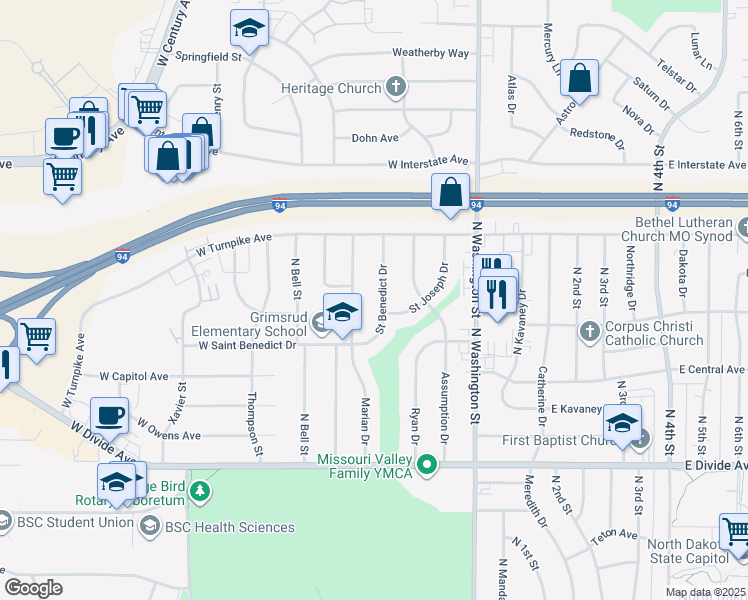 map of restaurants, bars, coffee shops, grocery stores, and more near 2010 Saint Benedict Drive in Bismarck