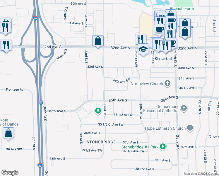 map of restaurants, bars, coffee shops, grocery stores, and more near 3115 Dakota Park Circle South in Fargo