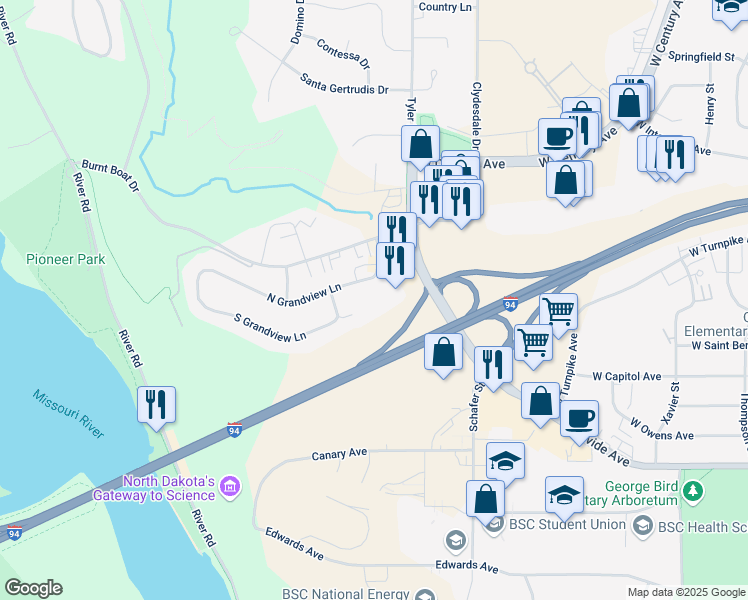 map of restaurants, bars, coffee shops, grocery stores, and more near 1695 North Grandview Lane in Bismarck