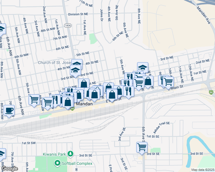 map of restaurants, bars, coffee shops, grocery stores, and more near 200 3rd Avenue Northeast in Mandan