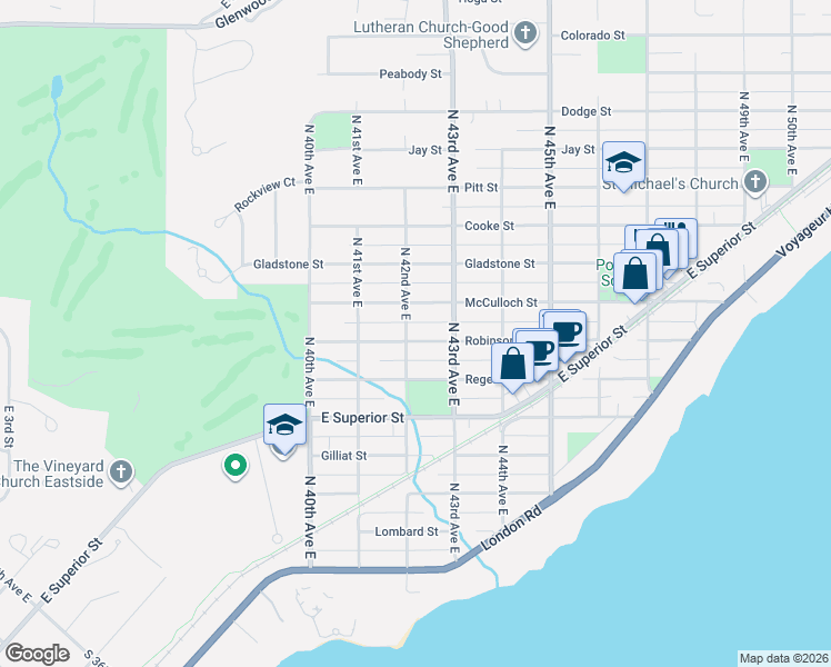 map of restaurants, bars, coffee shops, grocery stores, and more near 4203 Robinson Street in Duluth