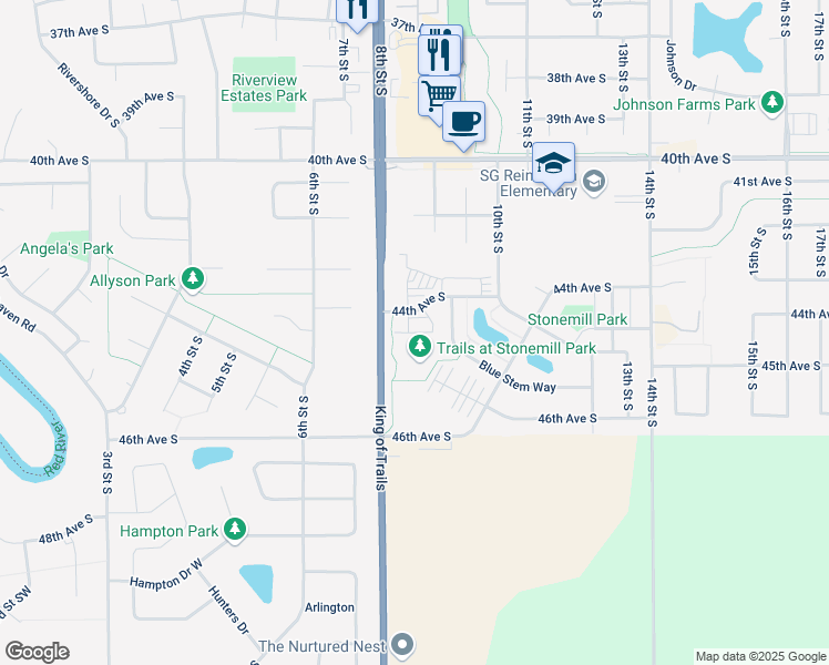 map of restaurants, bars, coffee shops, grocery stores, and more near 801 44th Avenue South in Moorhead