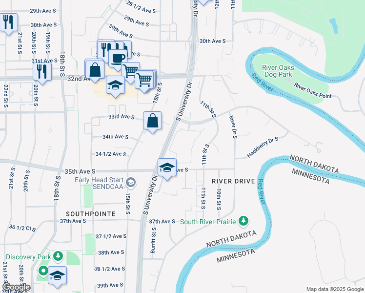 map of restaurants, bars, coffee shops, grocery stores, and more near 1200 Harwood Drive South in Fargo