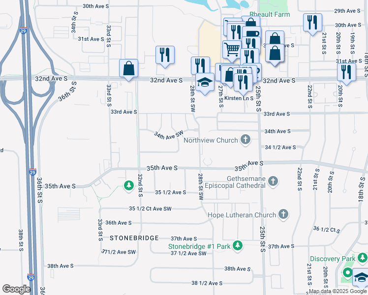 map of restaurants, bars, coffee shops, grocery stores, and more near 2830 Dakota Park Circle South in Fargo
