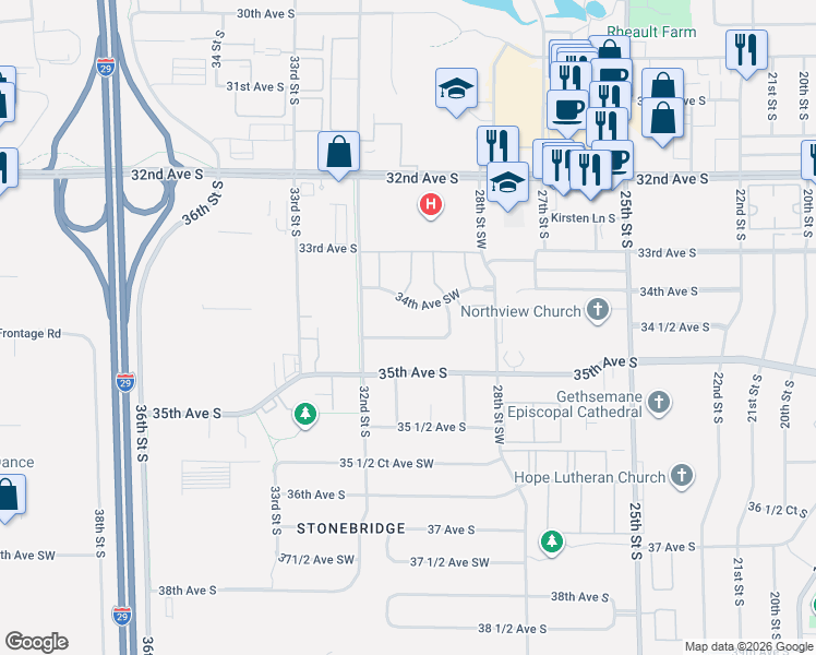 map of restaurants, bars, coffee shops, grocery stores, and more near 3005 Dakota Park Circle South in Fargo