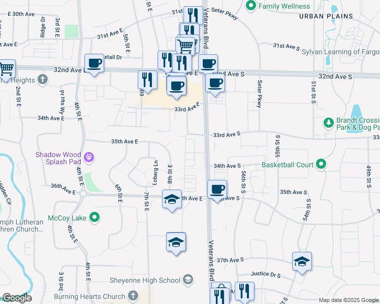 map of restaurants, bars, coffee shops, grocery stores, and more near 3505 8th Street East in West Fargo