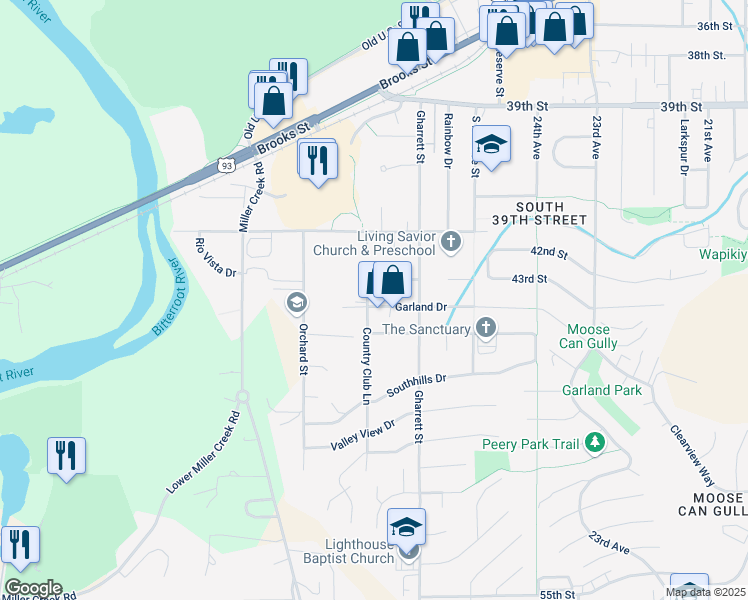 map of restaurants, bars, coffee shops, grocery stores, and more near 2634 Garland Drive in Missoula
