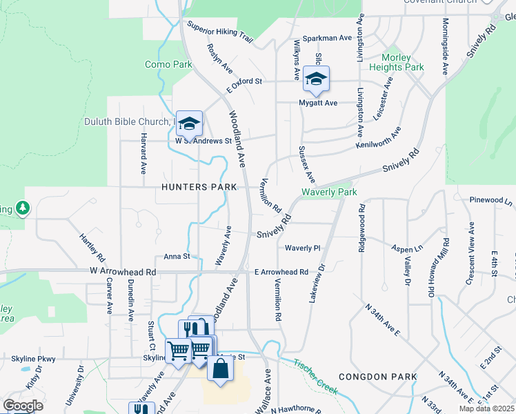map of restaurants, bars, coffee shops, grocery stores, and more near 2030 Woodland Avenue in Duluth