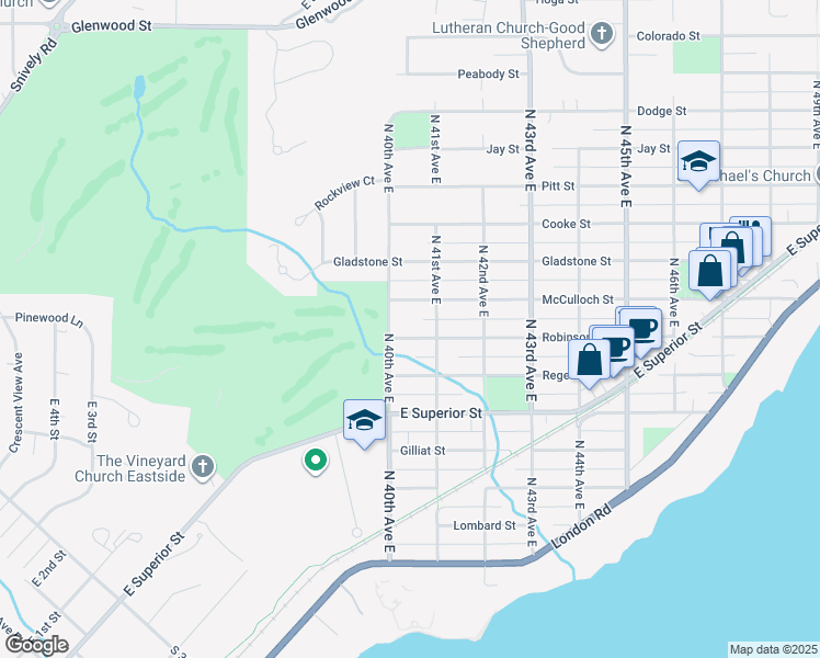 map of restaurants, bars, coffee shops, grocery stores, and more near 4015 Robinson Street in Duluth