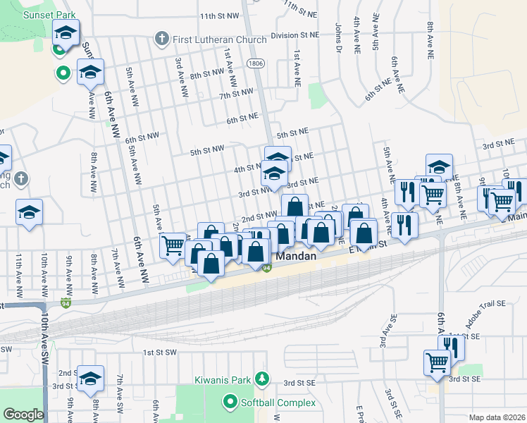 map of restaurants, bars, coffee shops, grocery stores, and more near 110 2nd Street Northeast in Mandan