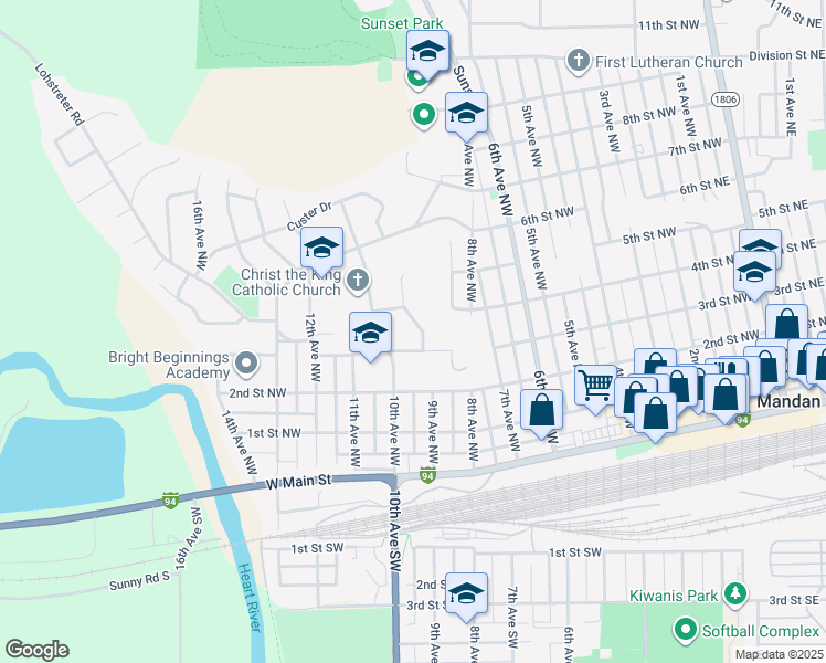 map of restaurants, bars, coffee shops, grocery stores, and more near 401 9th Avenue Northwest in Mandan