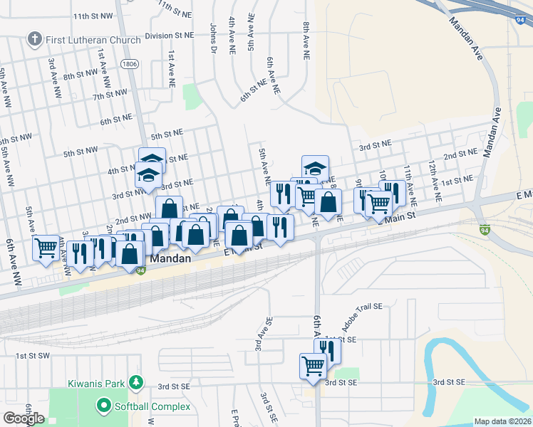 map of restaurants, bars, coffee shops, grocery stores, and more near 500 1st Street Northeast in Mandan