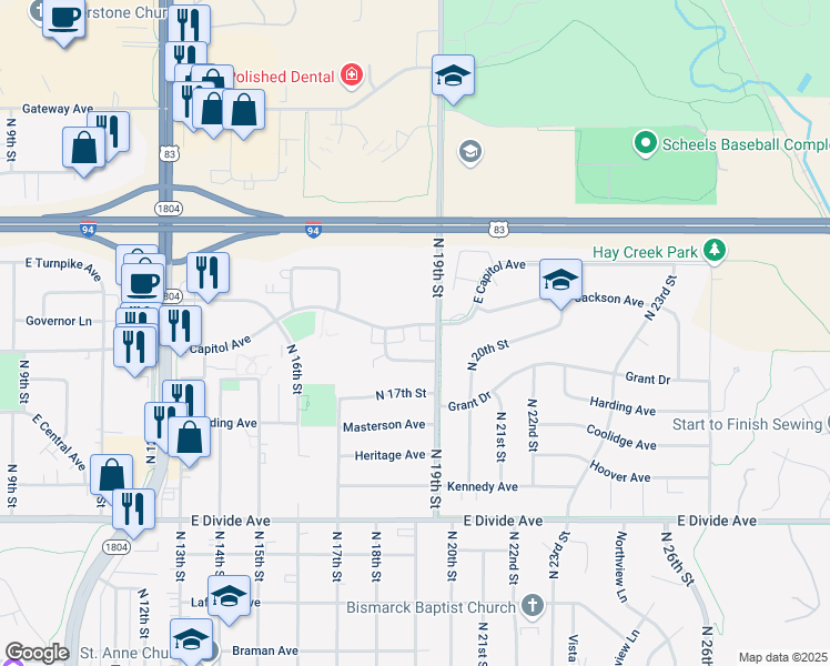 map of restaurants, bars, coffee shops, grocery stores, and more near 1827 East Capitol Avenue in Bismarck