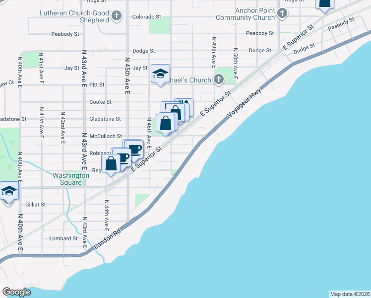 map of restaurants, bars, coffee shops, grocery stores, and more near 4721 Robinson Street in Duluth