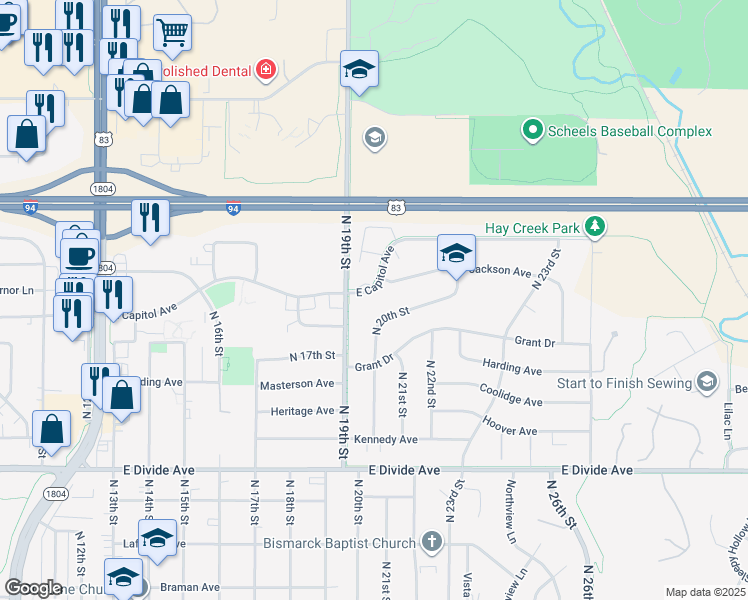 map of restaurants, bars, coffee shops, grocery stores, and more near 1913 East Capitol Avenue in Bismarck