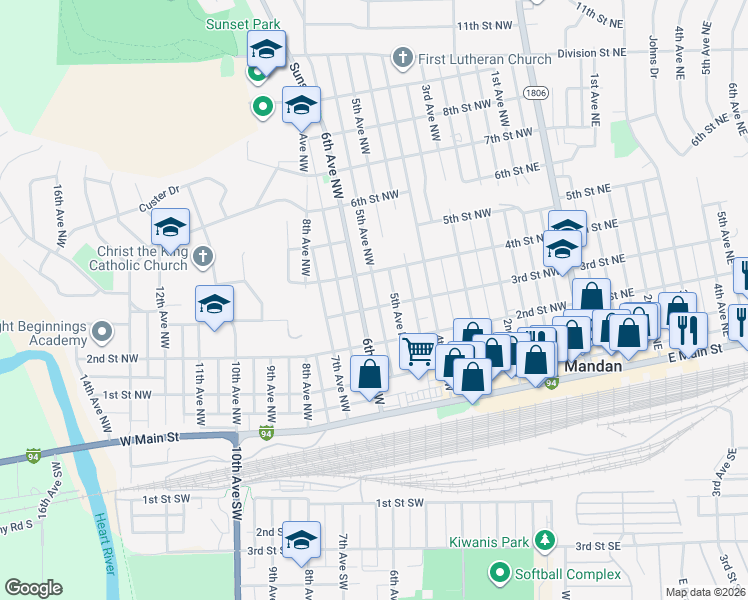 map of restaurants, bars, coffee shops, grocery stores, and more near 608 3rd Street Northwest in Mandan