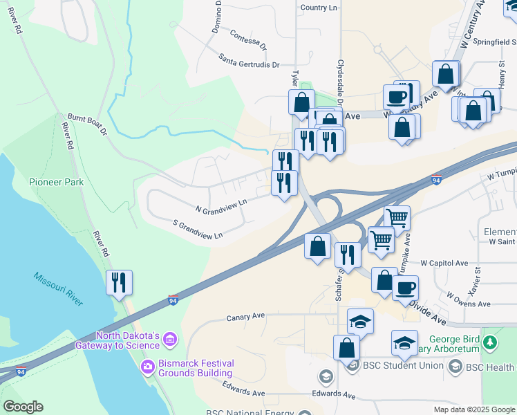 map of restaurants, bars, coffee shops, grocery stores, and more near 1733 North Grandview Lane in Bismarck