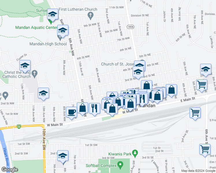 map of restaurants, bars, coffee shops, grocery stores, and more near 308 4th Avenue Northwest in Mandan