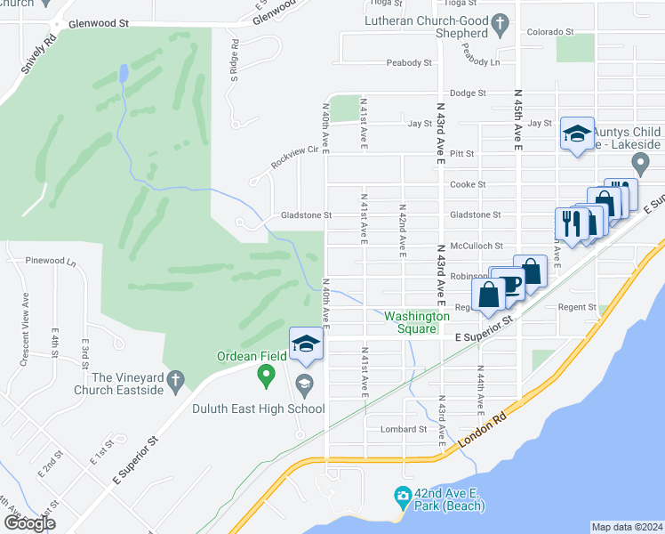 map of restaurants, bars, coffee shops, grocery stores, and more near 4015 Robinson Street in Duluth