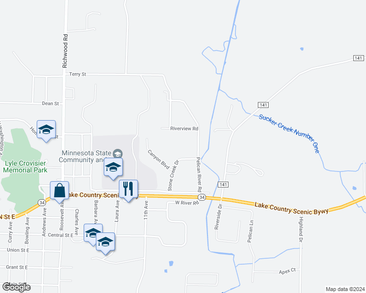 map of restaurants, bars, coffee shops, grocery stores, and more near 340 Boulder Circle in Detroit Lakes