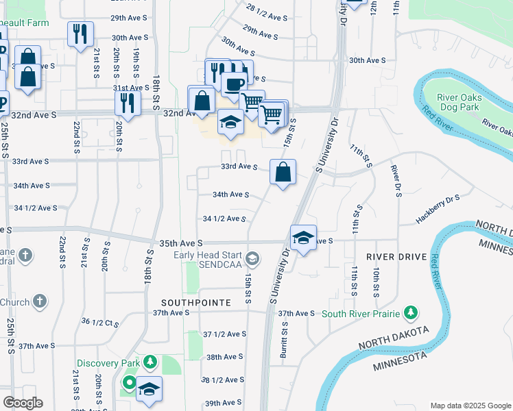 map of restaurants, bars, coffee shops, grocery stores, and more near 3434-3442 15th Street South in Fargo