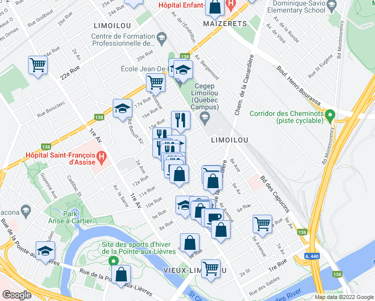 map of restaurants, bars, coffee shops, grocery stores, and more near 1199 4 Ave in Quebec City