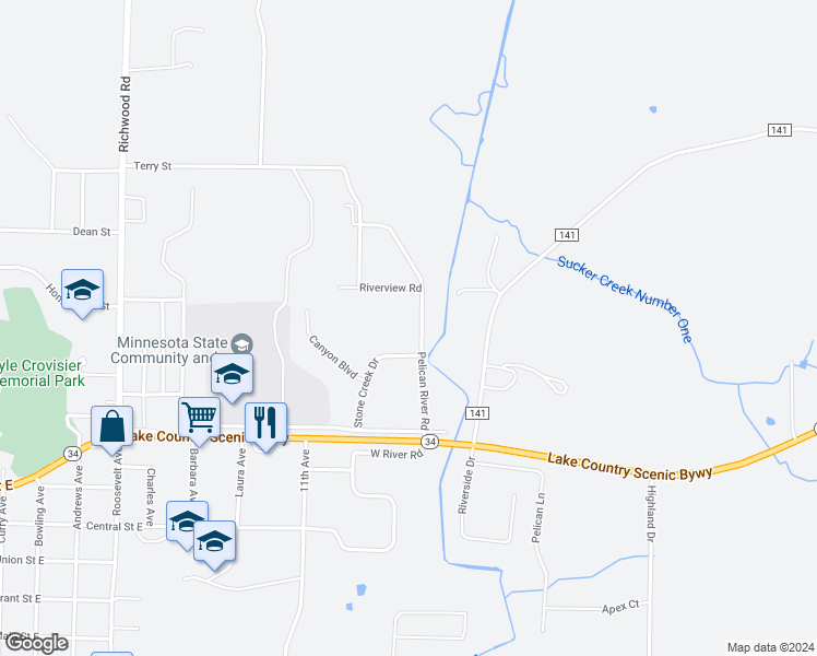 map of restaurants, bars, coffee shops, grocery stores, and more near 304 Pelican River Road in Detroit Lakes