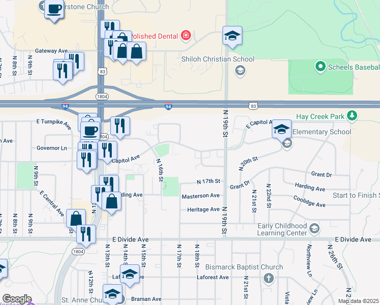 map of restaurants, bars, coffee shops, grocery stores, and more near 1709 East Capitol Avenue in Bismarck