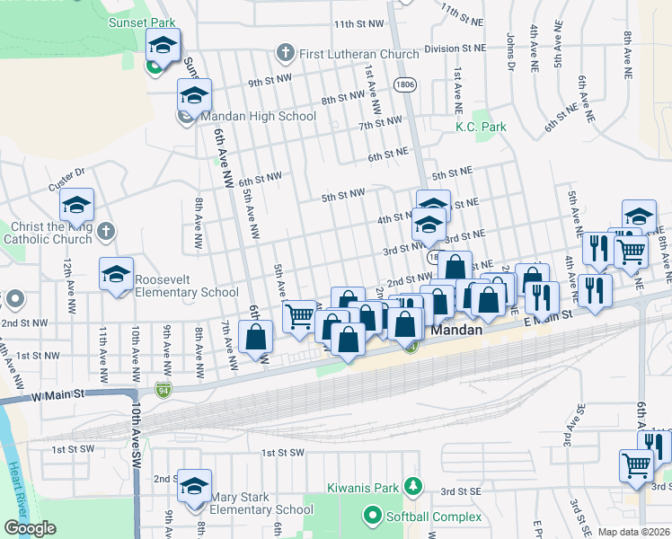 map of restaurants, bars, coffee shops, grocery stores, and more near 309 3rd Avenue Northwest in Mandan