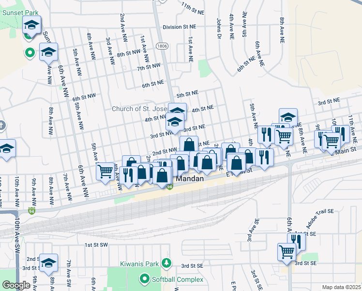 map of restaurants, bars, coffee shops, grocery stores, and more near 309 Collins Avenue in Mandan