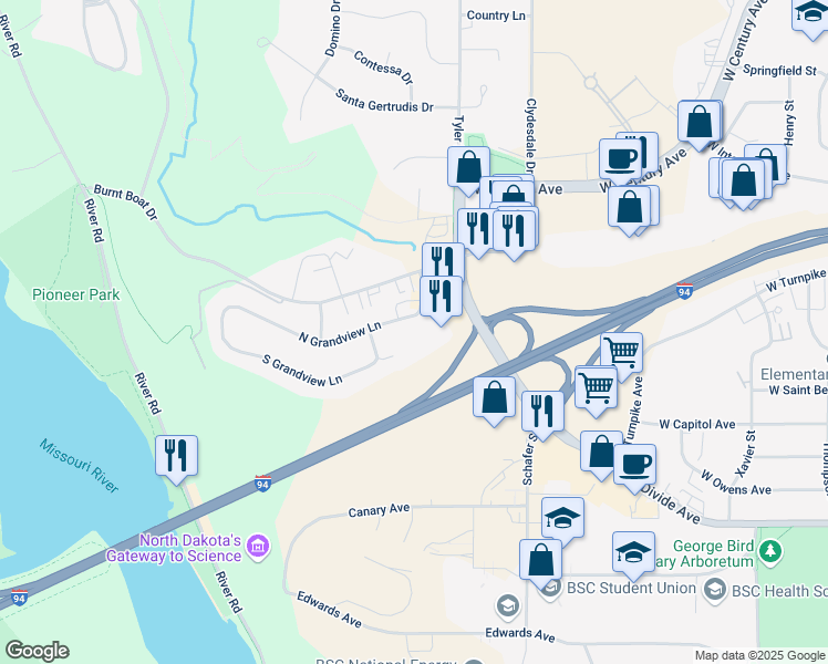 map of restaurants, bars, coffee shops, grocery stores, and more near 1695 North Grandview Lane in Bismarck
