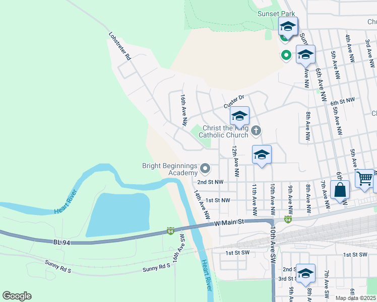 map of restaurants, bars, coffee shops, grocery stores, and more near 1999 4th Street Northwest in Mandan
