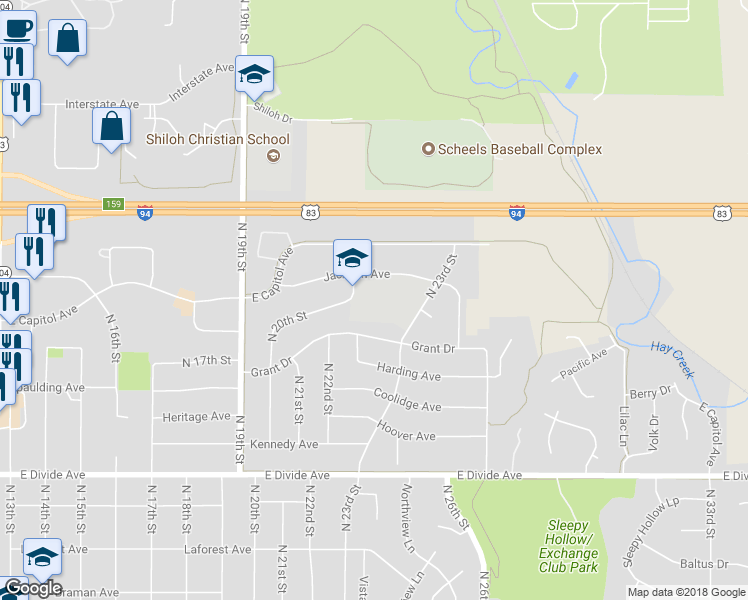 map of restaurants, bars, coffee shops, grocery stores, and more near 1989 North 20th Street in Bismarck