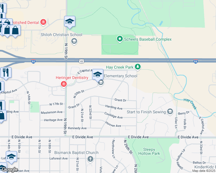 map of restaurants, bars, coffee shops, grocery stores, and more near 1989 North 20th Street in Bismarck